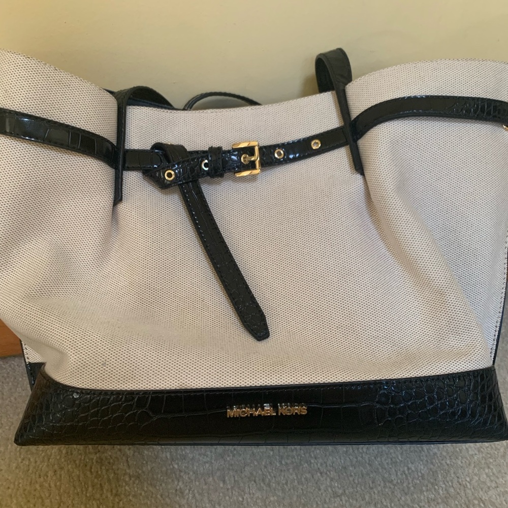 Michael Kors Black and Cream Tote with Gold Accents